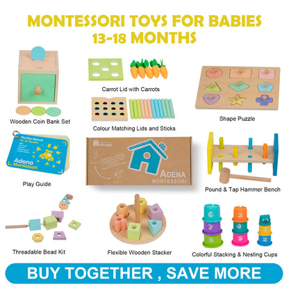 Adena Montessori Play Kit for 13-18 Month Baby,8 in 1 Toy,Colorful Stacking&Nesting Cup,Coin Bank,Coins,Carrots Lid,Carrots,Posting Lid,Flexble Stacker,Bead Kit,Shape Puzzle,Pound&Tap Hammer Bench