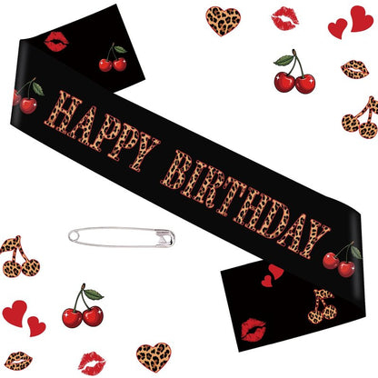 OWWOPATS Cheetah Cherry Happy Birthday Sash, Leopard Satin Sash Birthday Decorations Red and Black Party Decorations for Women and Girls