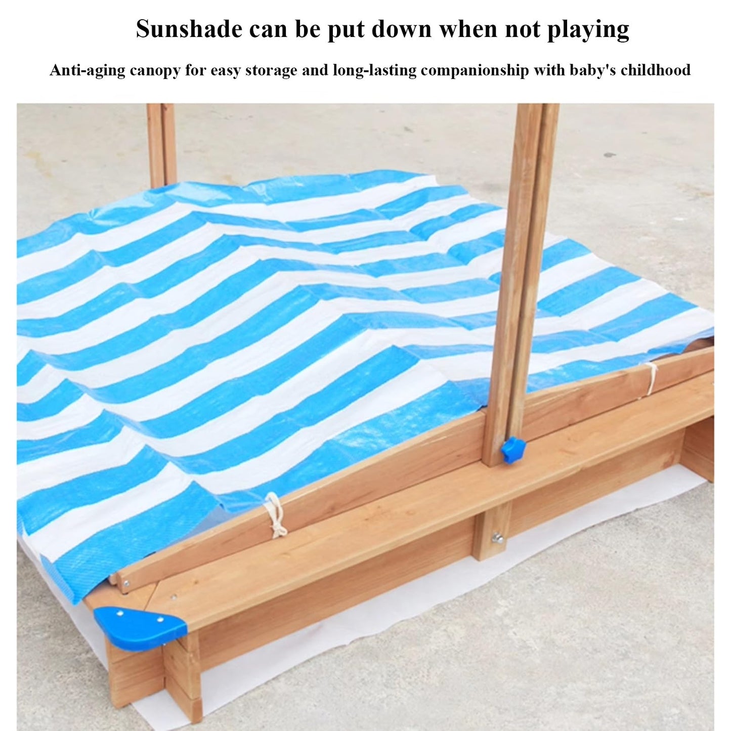 POLGDW Wooden Sandbox with Rotatable Canopy, Sand Box with Adjustable Canopy and Height, Foldable Bench Seats for Aged 3-8 Years Old