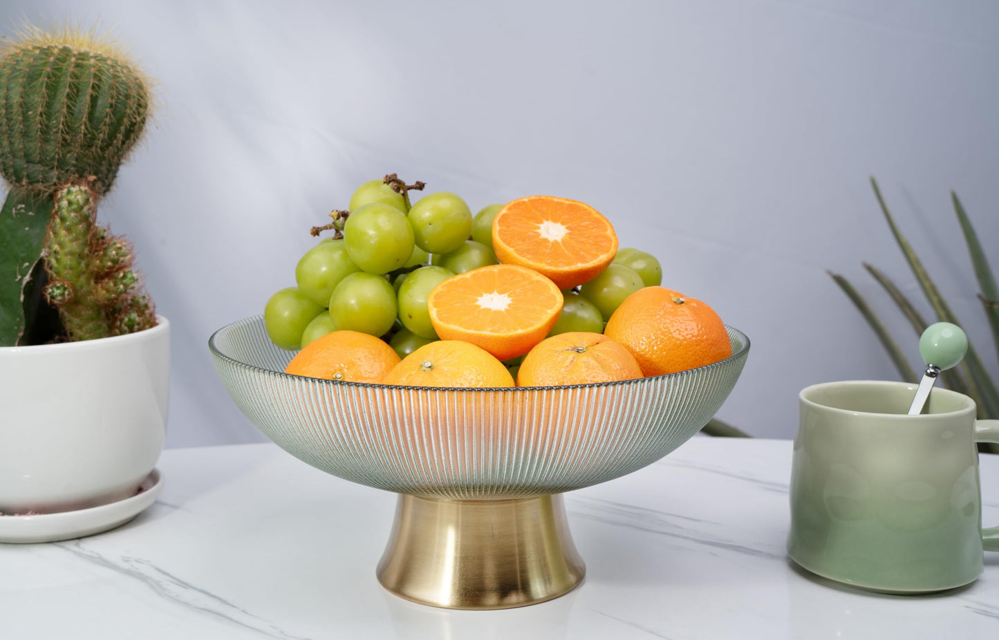 Round Glass Decorative Bowl (Green), 9.8 Inches Handblown Striped Design Glass Bowl with Rust Resistant Metal Base,Decor Fruit Bowl for Home Decor,Table Centerpiece,Kitchen Island and Dining Decor