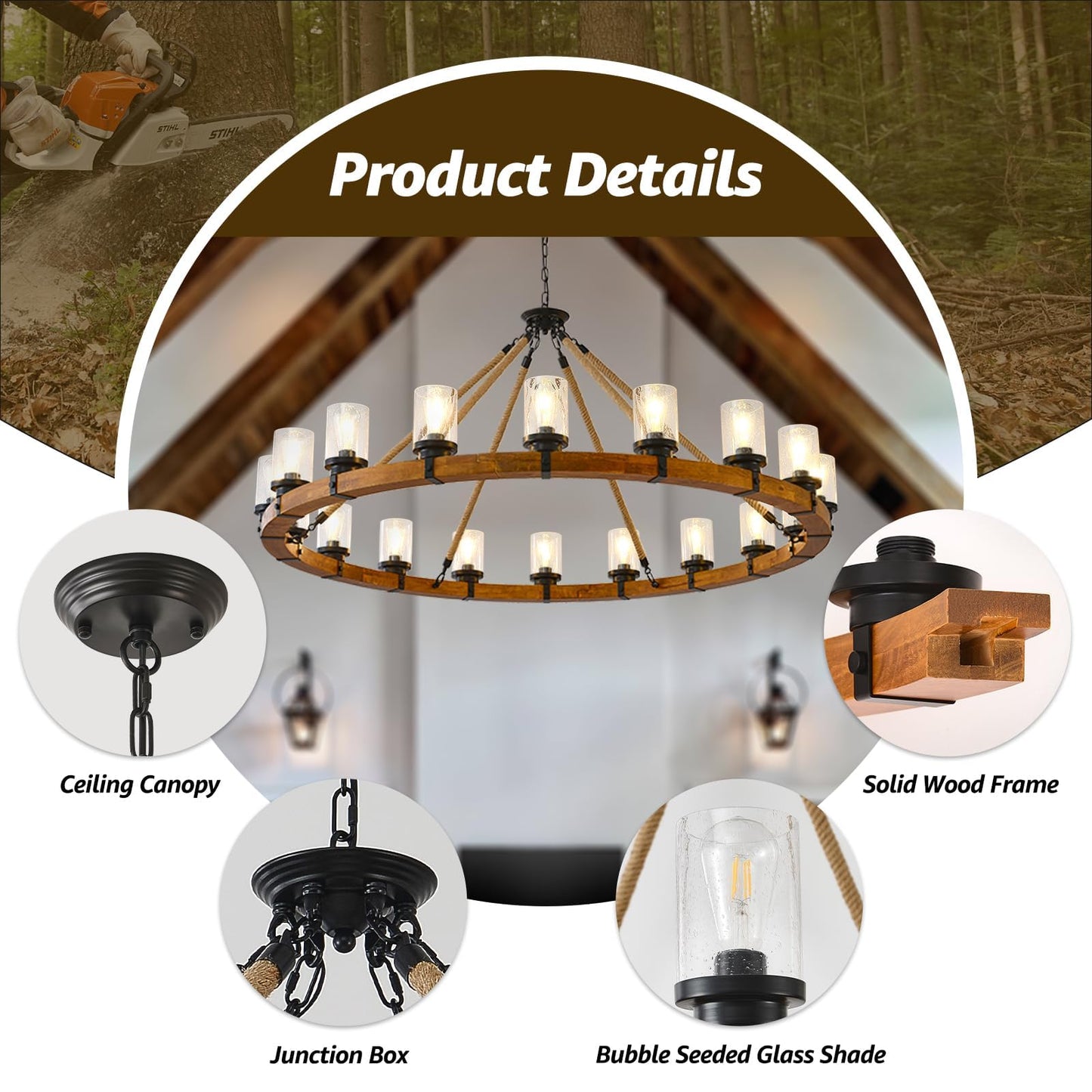 FOVICY 60-Inch Wood Wagon Wheel Chandelier with Bubble Glass Shade, 18-Light Extra Large Farmhouse Chandelier, Rustic Light Fixture for Dining Room High Ceilings Entryway