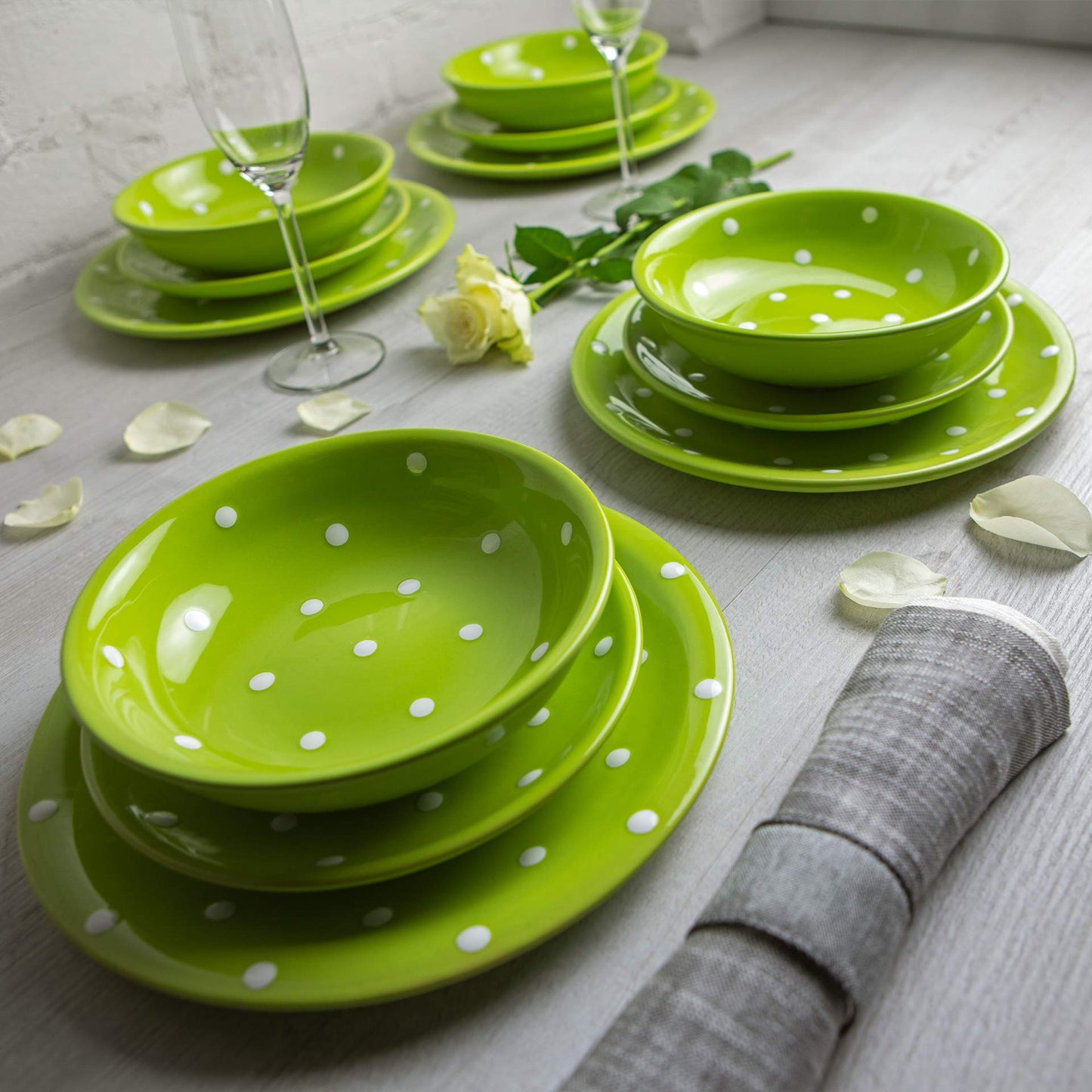 Handmade Lime Green and White Polka Dot Ceramic 12 piece Dinnerware Set | Pottery Tableware Service for 4 | Dinner Plates | Side Plates | Bowls | Housewarming Gift by City to Cottage®