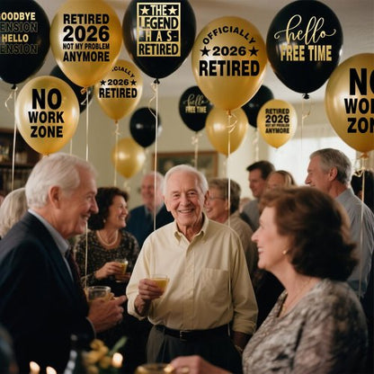Happy Retirement Party Black and Gold Balloons for Retirement Party Decorations, Balloons designed specifically for a Retirement, 12inch Latex 24pcs Balloons for Party Supply