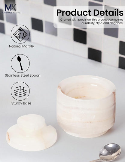 Spoon3 Inch Countertop Salt Cellar with Lid and White Onyx Salt and Pepper Dish, Marble Sugar and Salt Bowls, Ideal