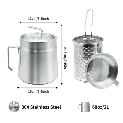 68oz Stainless Steel Oil Filter Pot with Deep Fryer Basket - Kitchen Large Capacity Versatile Oil Strainer Vessel and Bacon Grease Saver for Cooking Grease