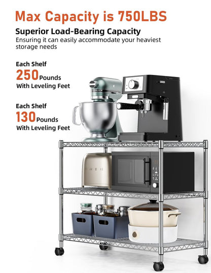 Simple Deluxe Heavy Duty 3-Tier Storage Shelves 750Lb Capacity, 24.02" D x 13.78" W x 29.92" H Adjustable Shelving Unit with Wheels, Chrome