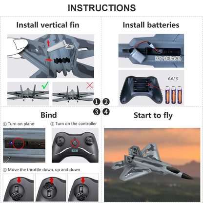 HAWK'S WORK 2 CH RC Airplane, F-22 Plane Ready to Fly, 2.4GHz Remote Control, Easy to Fly RC Glider for Kids & Beginners