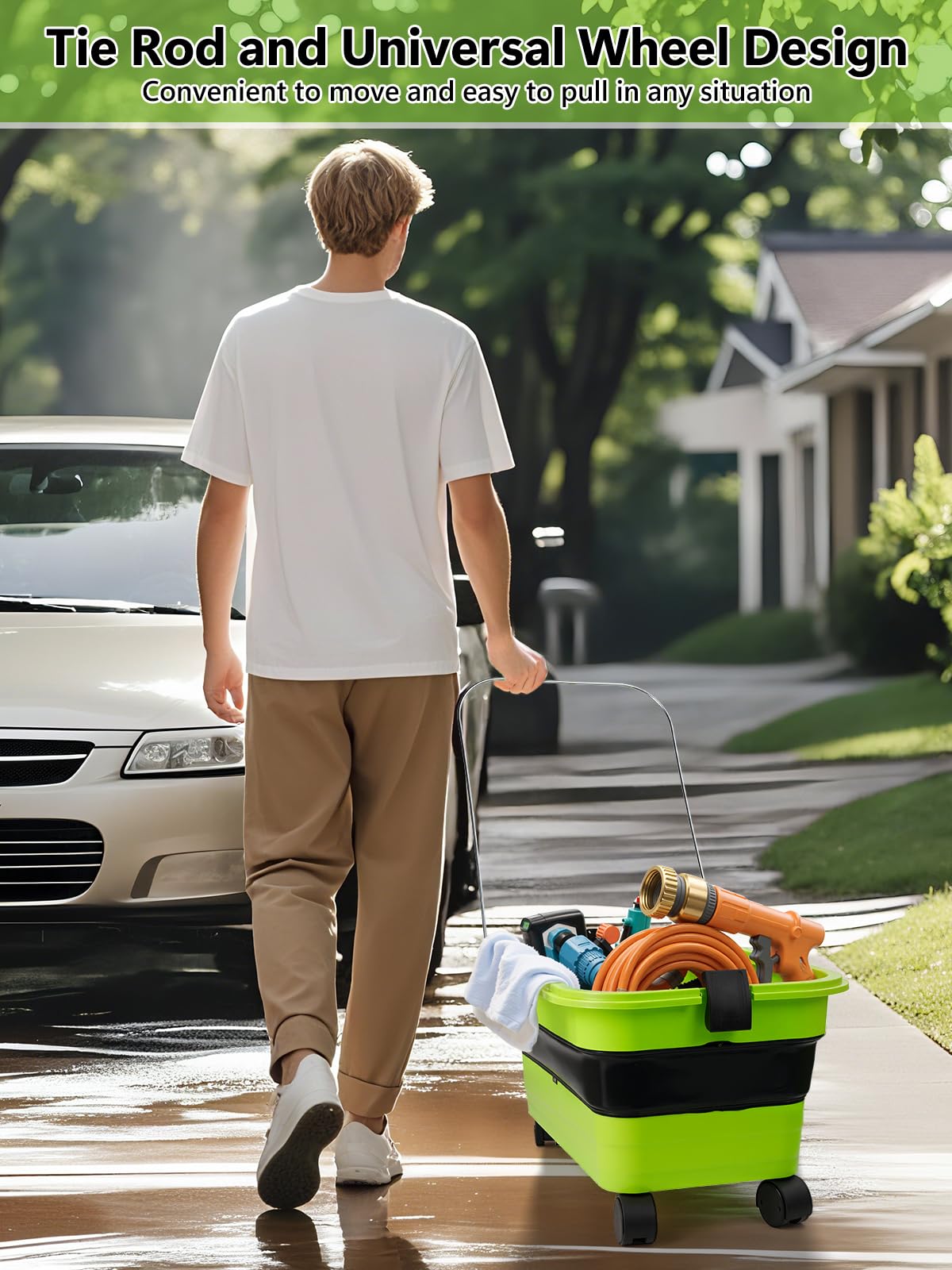 Collapsible Bucket 5.8 Gallon 22L with Wheels Handle Drain Plug Water Outlet and 2 Universal Connectors for Portable Pressure Washer Cordless Car Washing Camping RV Pet Bath Multi-Use