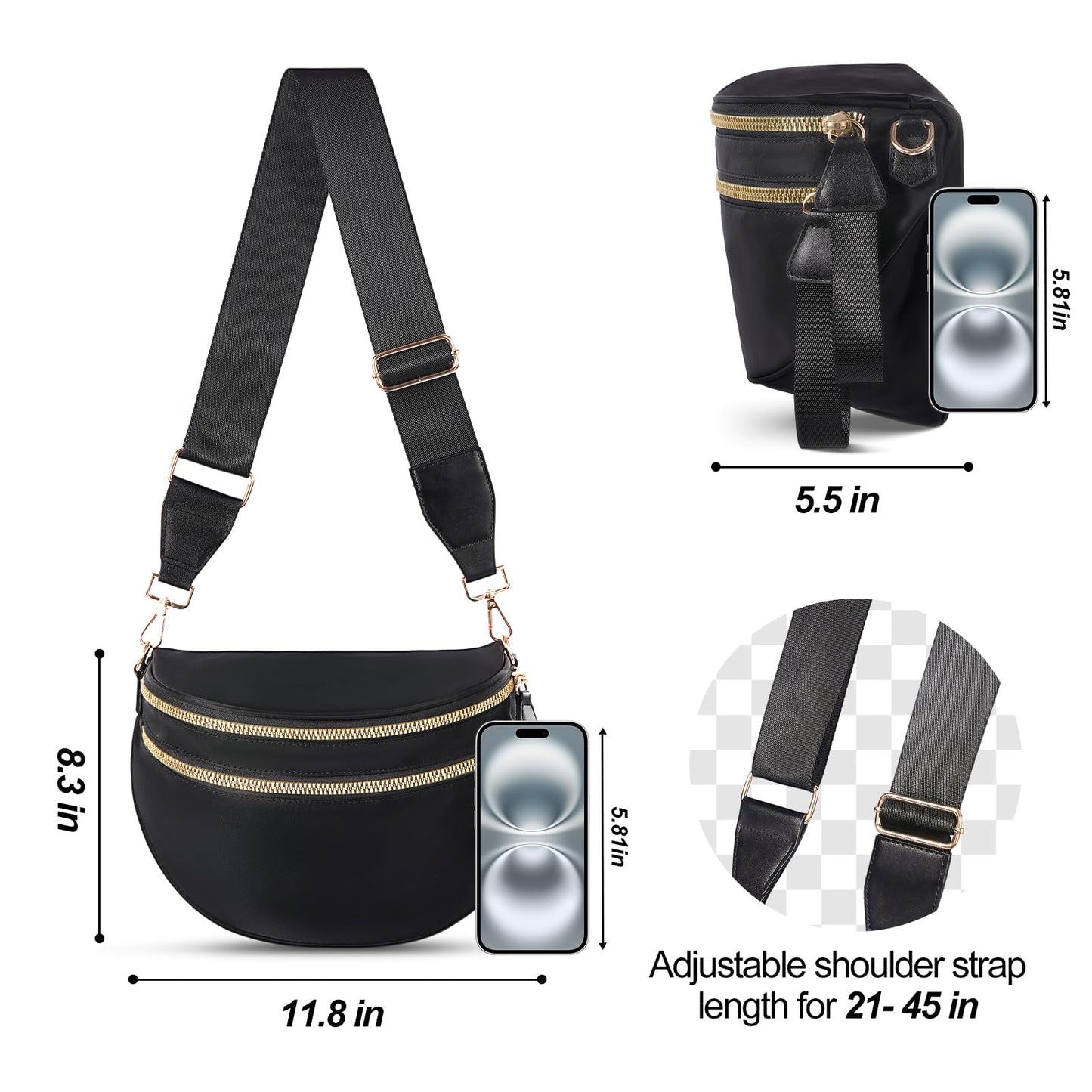 Checkered Crossbody Bag,Nylon Bum Bags for Women Crossbody,Spacious Sling Bag Purse Fanny Packs with Shoulder Strap