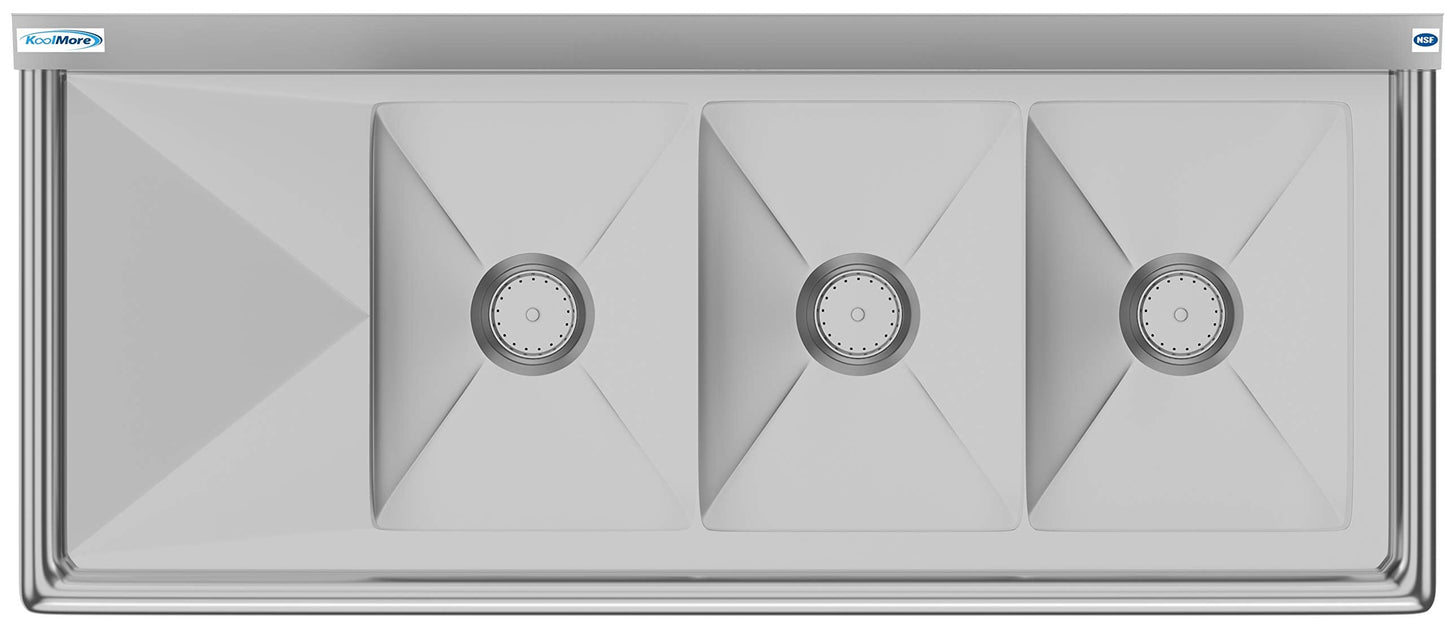KoolMore 3 Compartment Stainless Steel NSF Commercial Kitchen Sink with Drainboard - Bowl Size 12" x 16" x 10",Silver