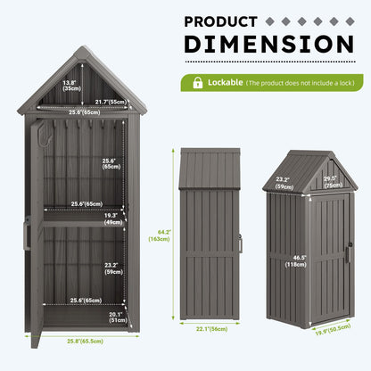 WTFGO Vertical Outdoor Storage Shed, Waterproof Resin Outdoor Storage Cabinet with Removable Shelves & 12 Hooks, Lockable Small Tool Shed for Garden, Backyard, Patio, Pool, Classic Gray