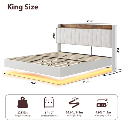 IDEALHOUSE King Floating Bed Frame with LED Lights & Charging Station, Upholstered Platform Bed with Storage Headboard, Wood Slats Support, No Box Spring Needed, Easy to Assemble, White