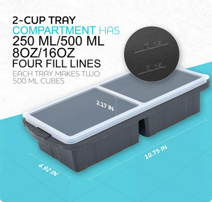 XOMOO Silicone Freezer Tray With Lid-Soup Freezer Container molds-2-cup Extra Large Ice Cube Tray-makes 4 perfect 500ml portions cubes, For freezing soup,stews,sauces.Oven&Dishwasher-Safe(2-Pack)