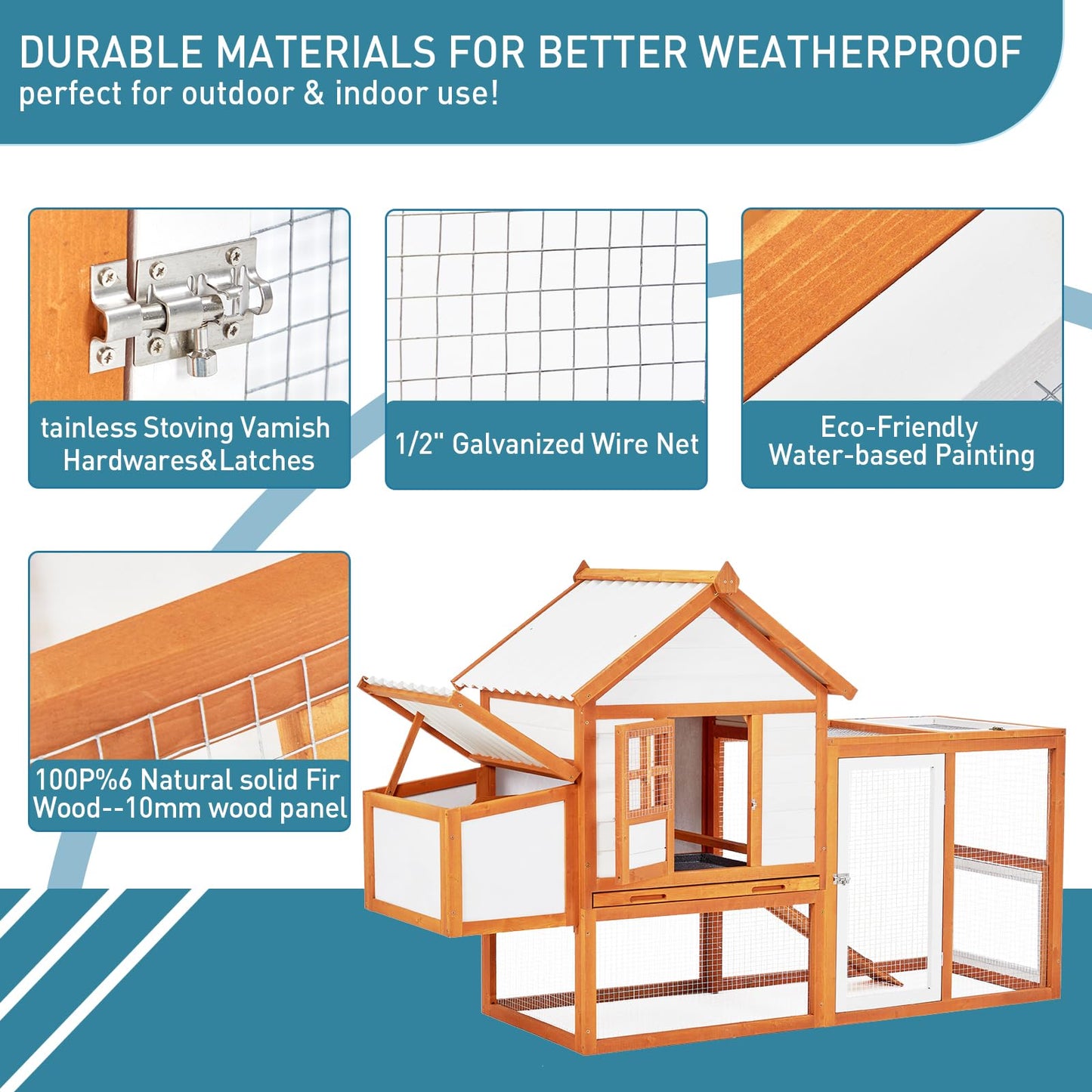 Wooden Chicken Coop & Rabbit Hutch – Portable Hen House for 4-6 Chickens with 5 Access Doors, Nesting Box, Removable Tray, & PVC Roof, Backyard Chicken House for Rabbits, Ducks, Cats, Guinea Pigs