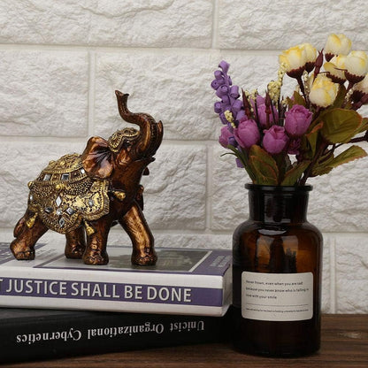 Golden Elephant Statue - Resin & Wood Grain Collectible Figurine, Feng Shui Lucky Sculpture for Home TV Cabinet