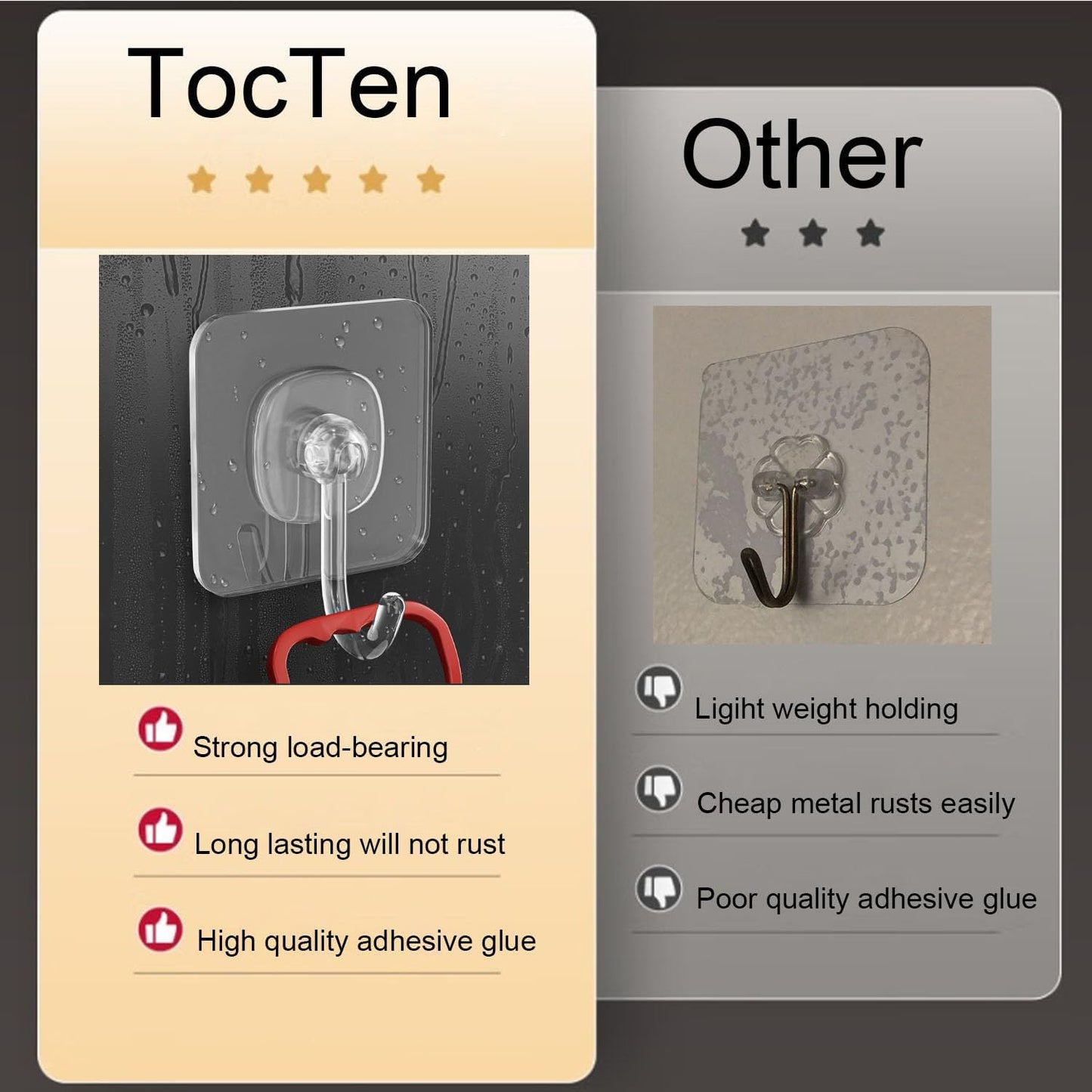 TocTen 24 Pack Heavy Duty Adhesive Hooks, 30lb Max, Damage Free Self-Adhesive Clear Wall Hooks for Bathroom Kitchen