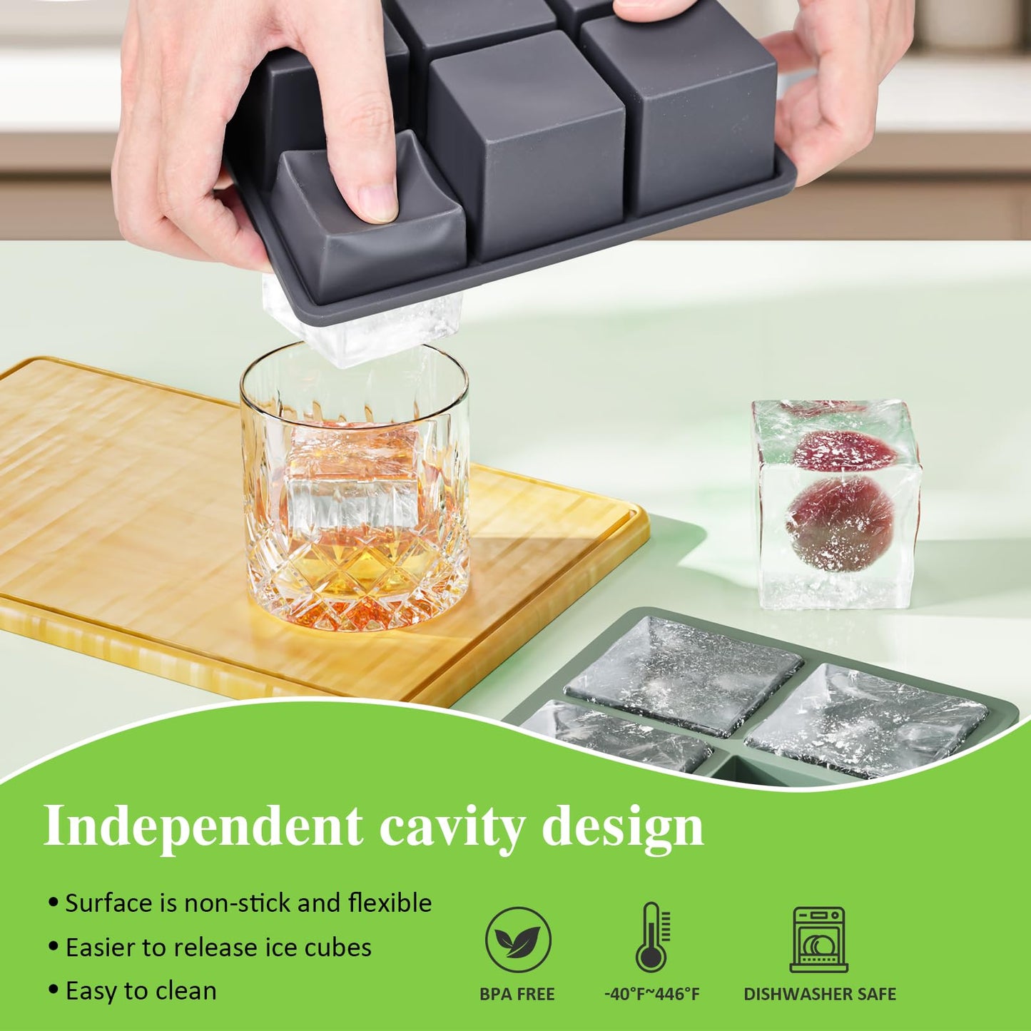 Large Ice Cube Tray for Whiskey: 2" Big Silicone Ice Tray with Lid for Whisky - 3Pack Old Fashioned Ice Cube Trays for Cocktail - Huge Square Cubed Bourbon Ice Cube Maker