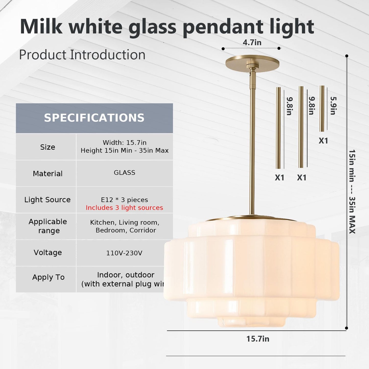YESIDS Vintage Milk Glass Pendant Lights, 15.7" White Pleated Glass Chandelier, Semi-Flush Mount Ceiling Light for Bedroom, Foyer, Living Room, Bar Counter, E12 Bulb Included (White, 15.7)