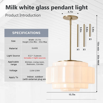 YESIDS Vintage Milk Glass Pendant Lights, 15.7" White Pleated Glass Chandelier, Semi-Flush Mount Ceiling Light for Bedroom, Foyer, Living Room, Bar Counter, E12 Bulb Included (White, 15.7)