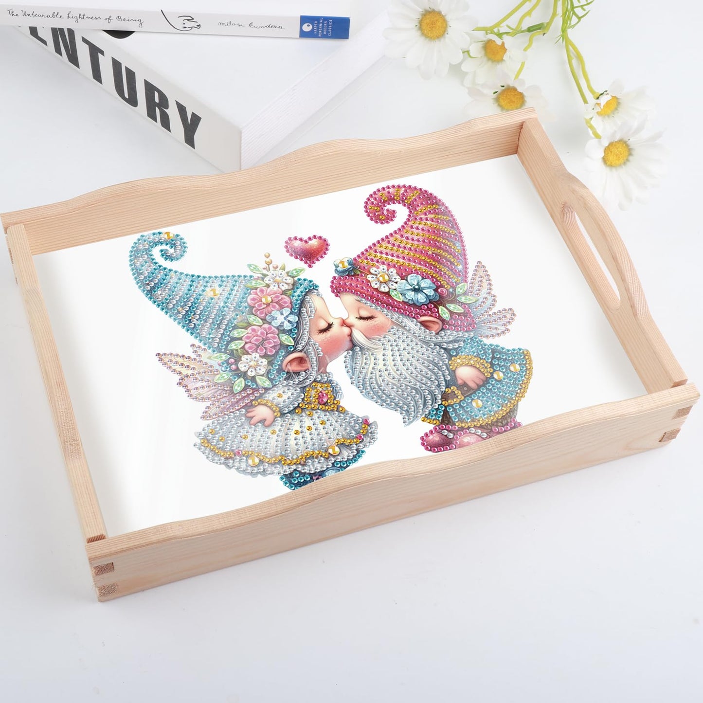 DIY Diamond Art Tray with Handle Diamond Art Painting Plate Creative Design Handmade Wooden Tray Mosaic Making Kits by Number Kits Diamond Art for Coffee Living Room Home Organizer (Nice Kiss)