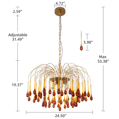 TOCHIC Crystal Gold Chandelier Modern Chandeliers for Dining Room, Raindrop Crystal Chandelier Light Fixture, Vintage Pendant Lighting for Living Room, Bedroom, Bathroom, Foyer, Kitchen Island, 24.5”W