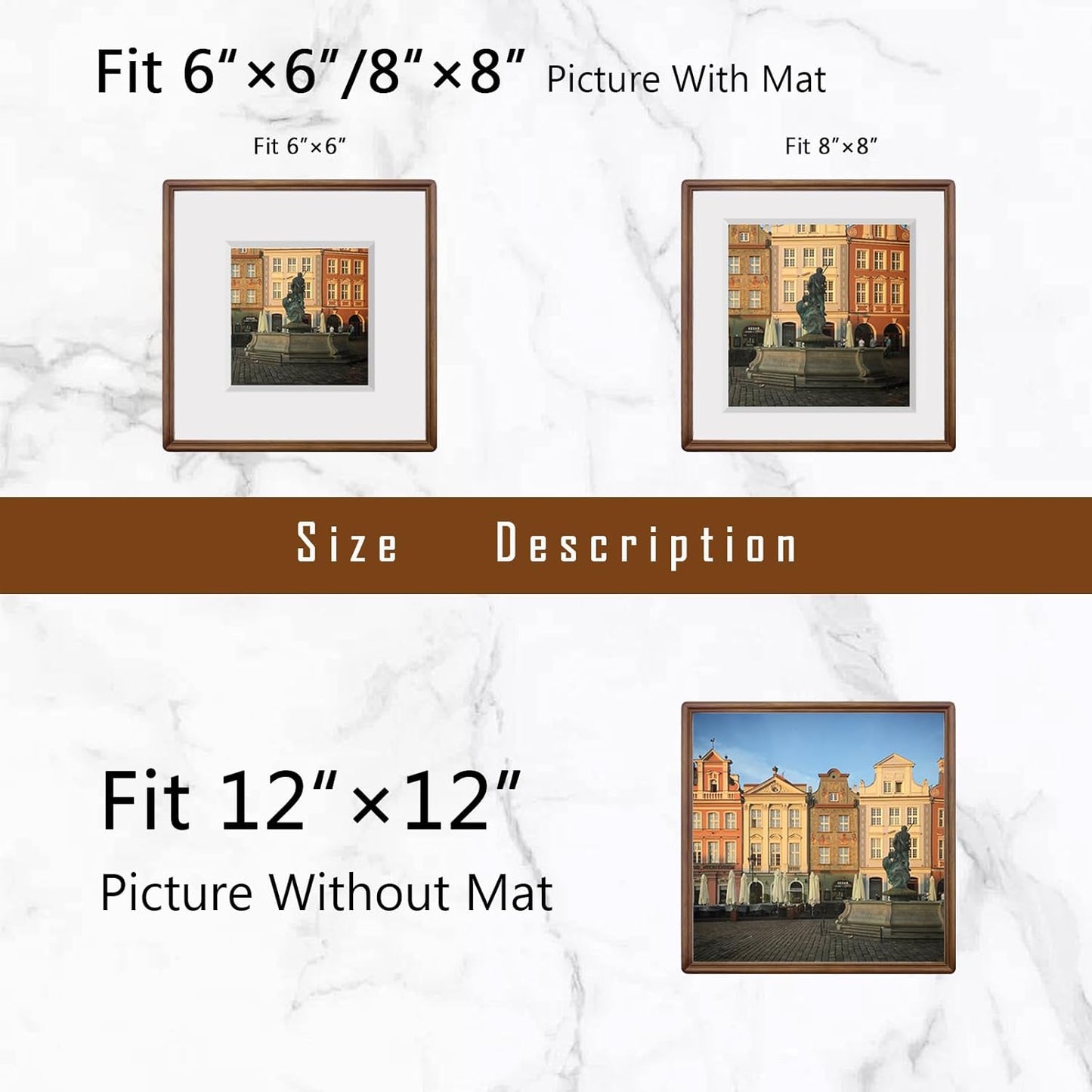 12x12 8x8 6x6 Square Walnut Wood Picture Frame with Tempered Glass Double Mat for or Photos, Handcrafted Natural Wood