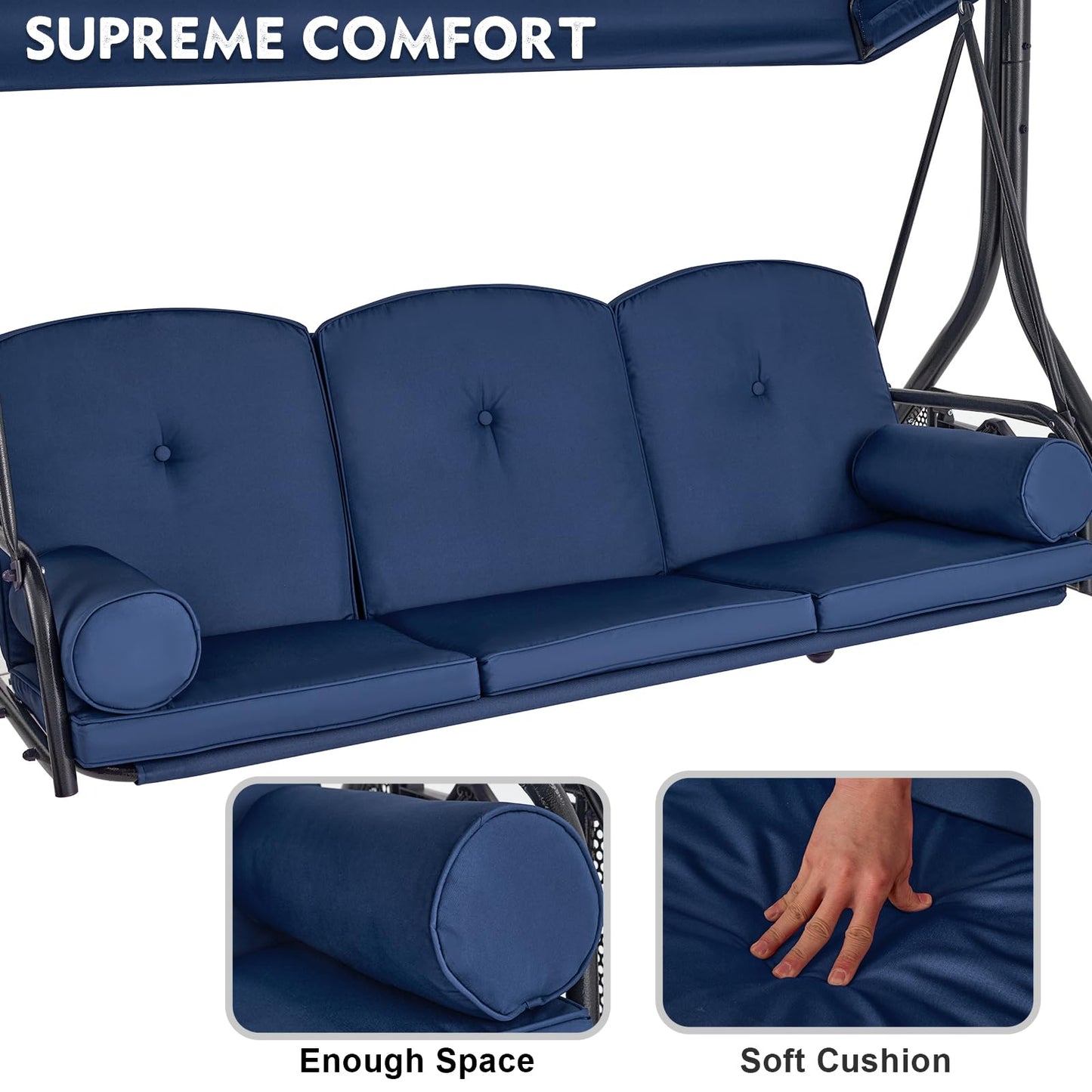 HOMREST 3 Seat Outdoor Porch Swing with Adjustable Canopy, Convertible Patio Swing Bed with Stand, Patio Glider Swing with Upgraded Cup Holder, Thicken Cushions ＆ Pillow for Backyard(Blue)