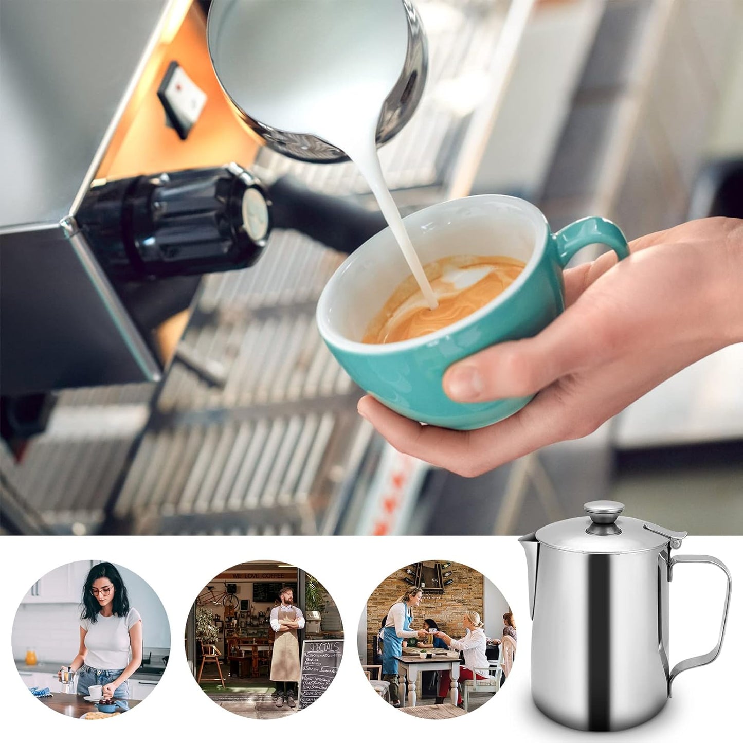 Milk Frothing Pitcher, Stainless Steel Coffee Cup with Lid for Home Office Kitchen Coffee Shop Latte Art, Silver