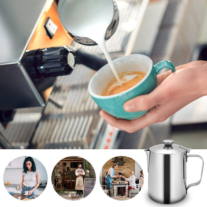 Milk Frothing Pitcher, Stainless Steel Coffee Cup with Lid for Home Office Kitchen Coffee Shop Latte Art, Silver