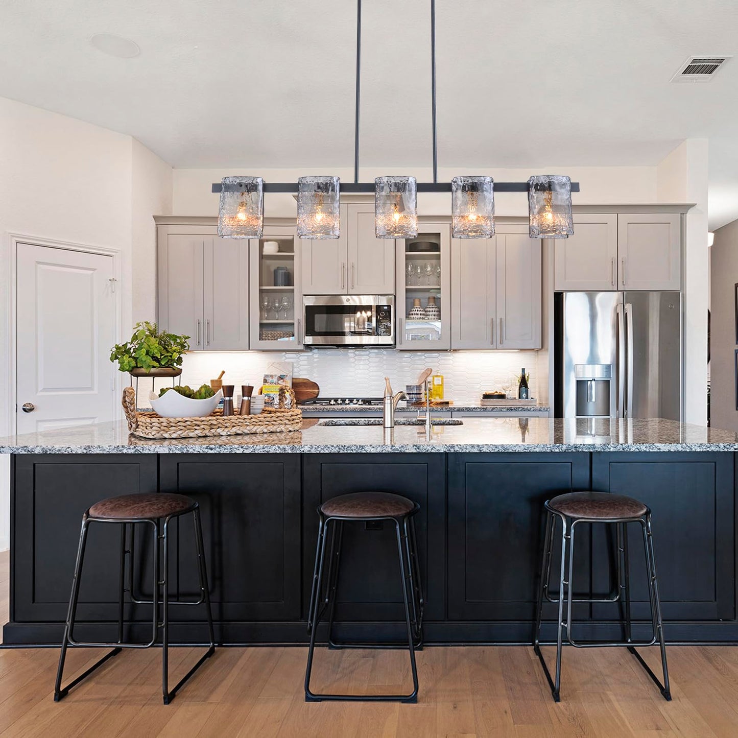 EDISLIVE 5-Light Glass Block Chandeliers Pendant Light Kitchen Island 47.24in E12 Linear Adjustable Hanging Lighting Fixture with Black Finish Grey Water Ripple Glass for Dinning Room Living Room