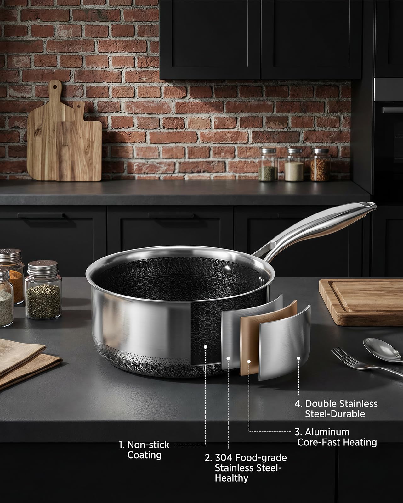 USELUCK Nonstick 2-QT Saucepan with Glass Lid,Stainless Steel Pot,Stay-Cool Handle,Dishwasher-Safe,Oven-Safe,Induciton Ready,Compatible with All Cooktops.