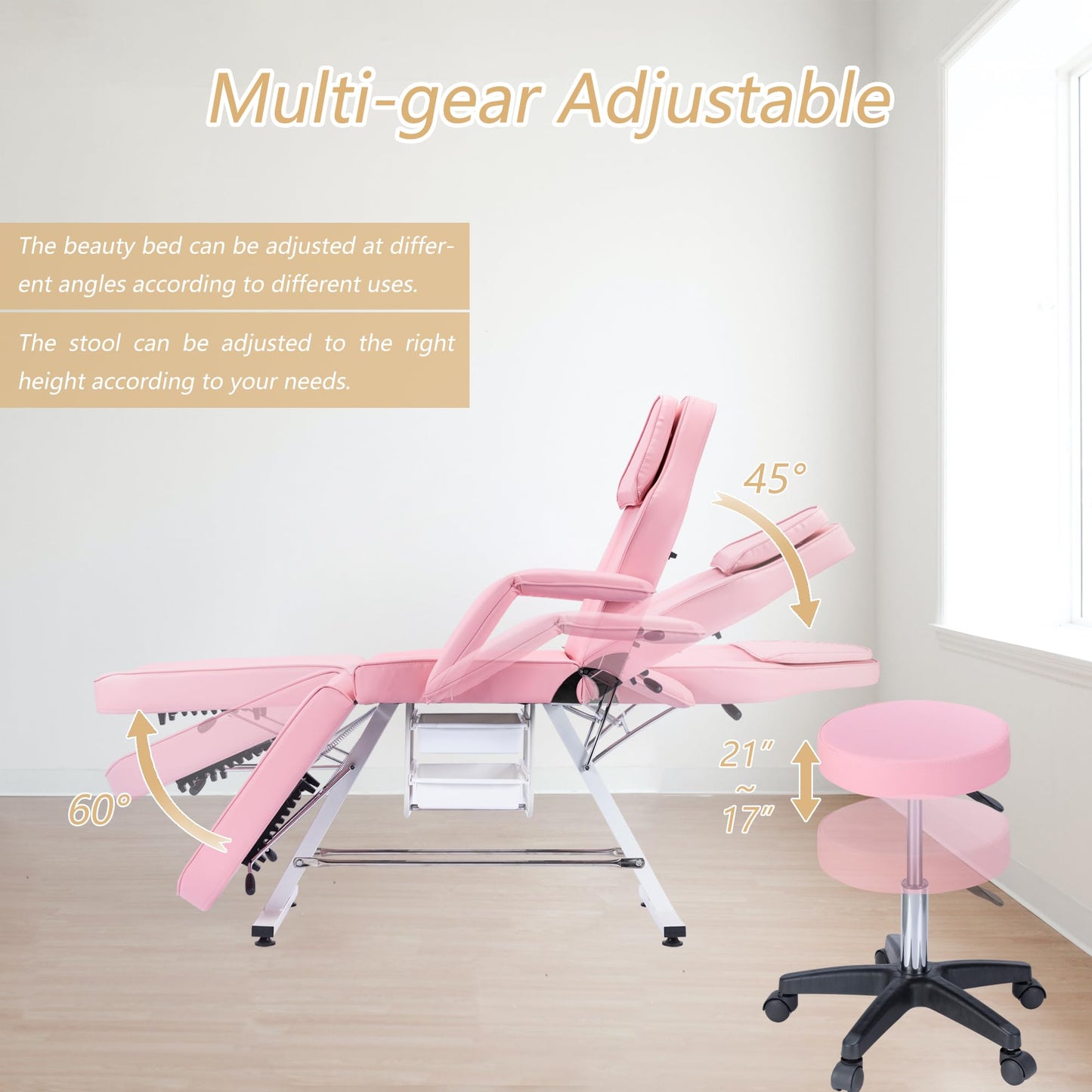 Massage Salon Tattoo Chair with Hydraulic Stool, Adjustable Beauty Facial Bed Table, Pink, Face-Down Cradle for Esthetician