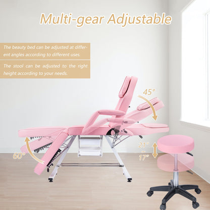 Dekitormi Massage Salon Tattoo Chair with Two Trays, 3-Section Facial Bed Table with Hydraulic Stool, Pink Adjustable Beauty Barber Spa Chair, Esthetician Bed for Massage, Facial, Waxing