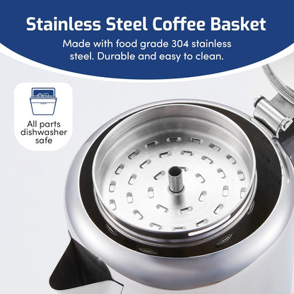 Elite Gourmet EC008 Classic Coffee Percolator, 8-Cup, Stainless Steel, Glass Knob, Cool-Touch Handle