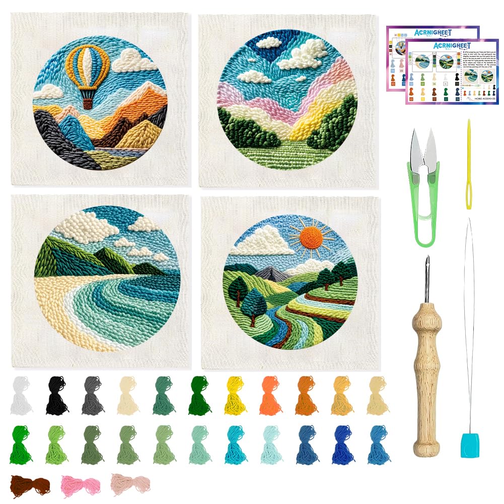 ACRNIGHEET 4Pcs Punch Needle Kits for Adults Beginners Include Instructions, Landscape Punch Needle Embroidery Kit, Pre-Printed Pattern, Embroidery Hoop, Yarns, Needles, DIY Crafts Gifts Idea