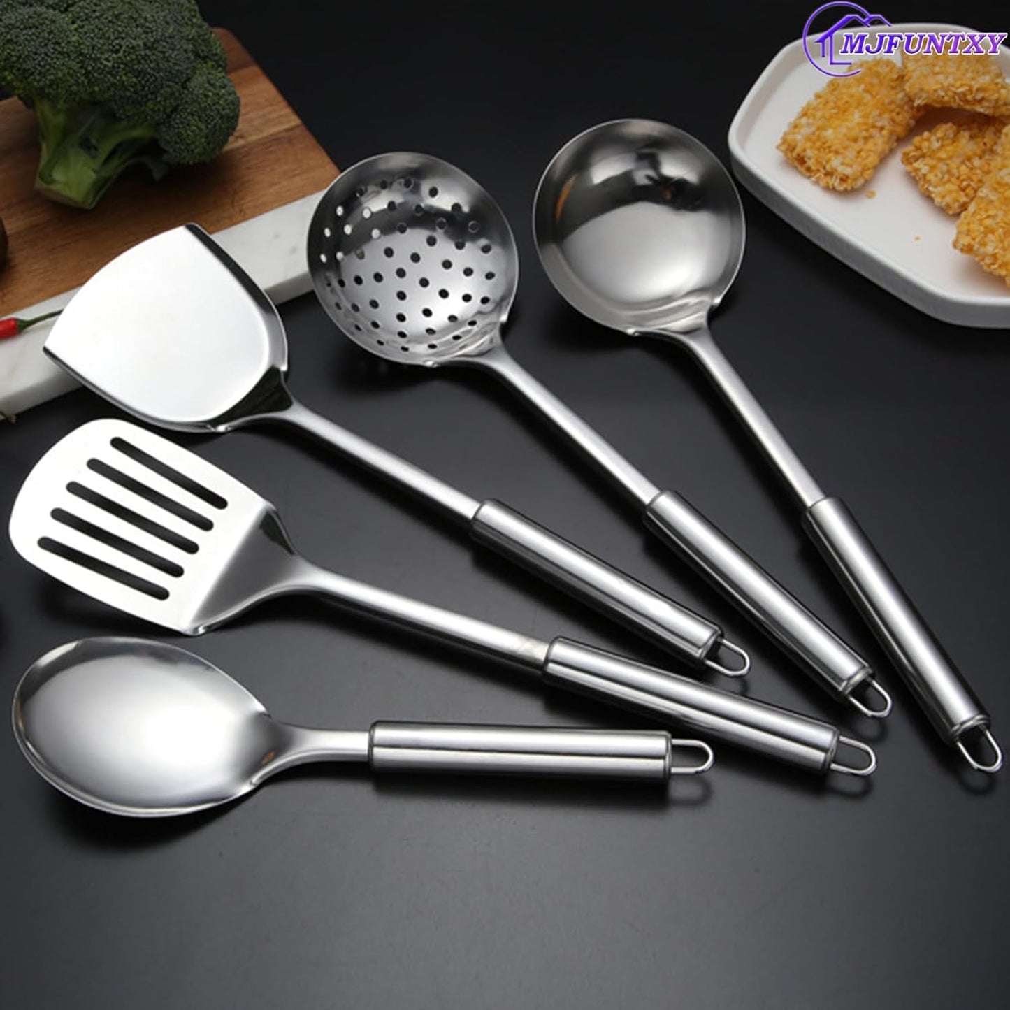 Cooking Utensils Set - 5pcs Stainless Steel Kitchen Utensils Set, Slotted Spoon, Slotted Spatula, Large Spoon, Soup