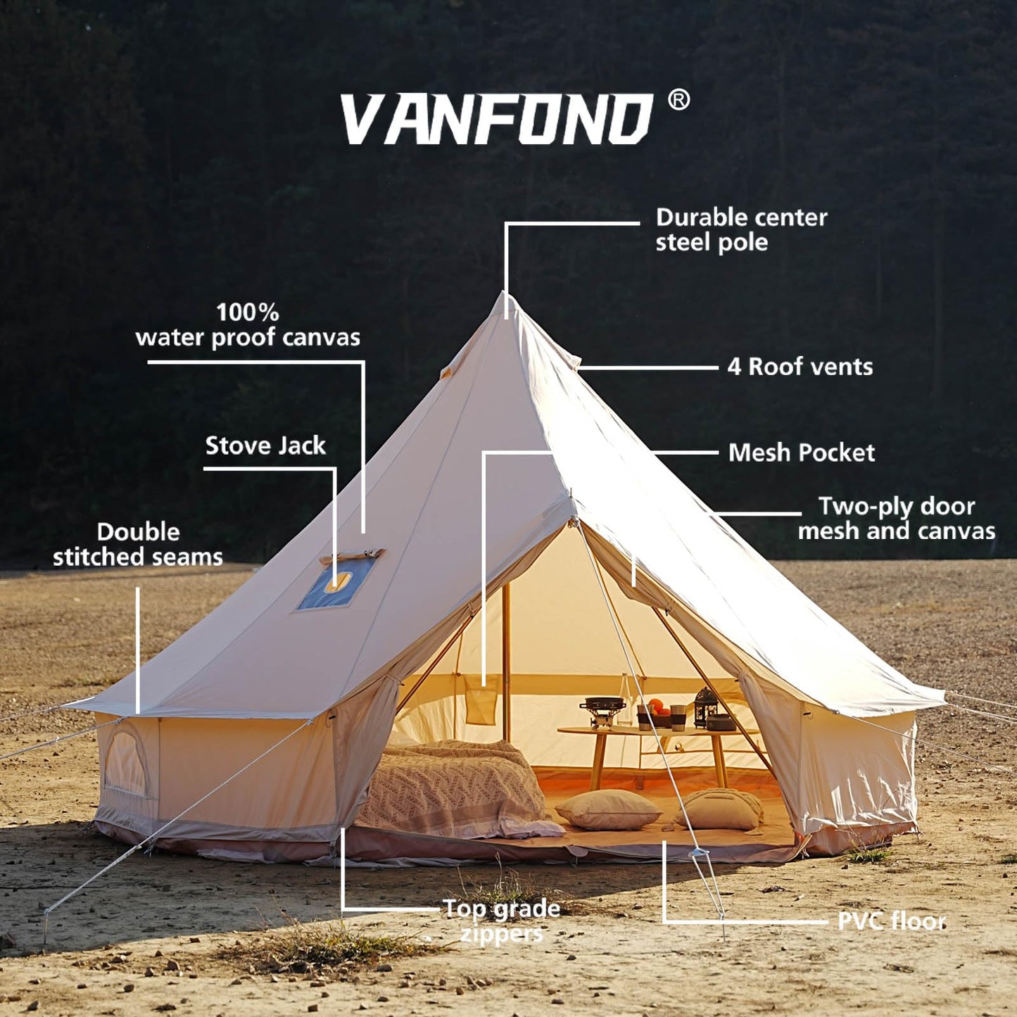 Canvas Bell Tent with Stove Jack - Waterproof and Breathable Yurt, Glamping Tent with Detachable Groundsheet for Camping Party