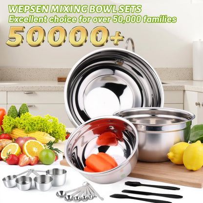 WEPSEN Mixing Bowls Set, 25PCS Stainless Steel Mixing Bowl with Lid Set, Large Nesting Bowls 7, 4.5, 3,2, 1.5QT, Measuring Cups and Spoons Baking Utensils Metal Bowl for Kitchen Prep