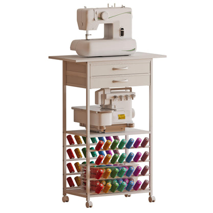 NinPeen Rolling Sewing Machine Table with 2 Fabric Drawers，Craft Table on Wheel with Spools Thread Holder，Portable Sewing Cabinet for Embroidery Machine with 3 Open Shelves for Small Spaces (White)