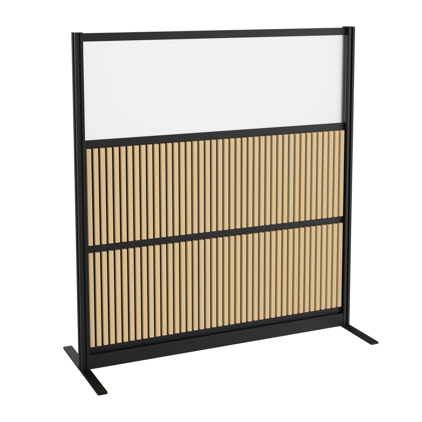 Room Divider for Office Privacy – Modular Freestanding Acoustic Office Partition with PET Sound Dampening Panels and Faux-Wood Slats, 70” x 70”, Grove Sound Dampening Wall, Black Frame, Easy Assembly