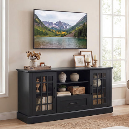 LDAILY 63" Farmhouse TV Cabinet, TV Console Table w/ 2 Side Cabinets & Drawer & Cable Management Holes, Modern TV Stand for TVs up to 70", Entertainment Center for Living Room, Bedroom (Black)