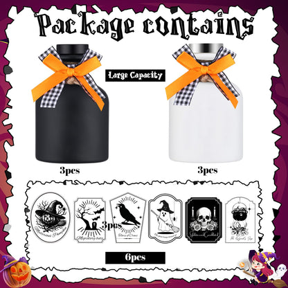 Acellegic 6 Pcs Potion Bottles Halloween Decoration Ceramic Apothecary Bottles Potion Jars with 6 Styles Scary Stickers Halloween Decorations for Tiered Tray Home Table Party Decoration