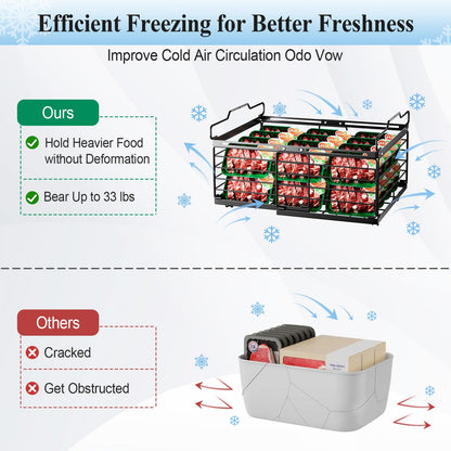 OdoVow Freezer Organizer Bins, 2 Packs Large Expandable Stackable Chest Freezer Containers with Handle, Metal Adjustable Storage Baskets for Fridge, Deep Freezer, Cabinet, Kitchen, Pantry - Black