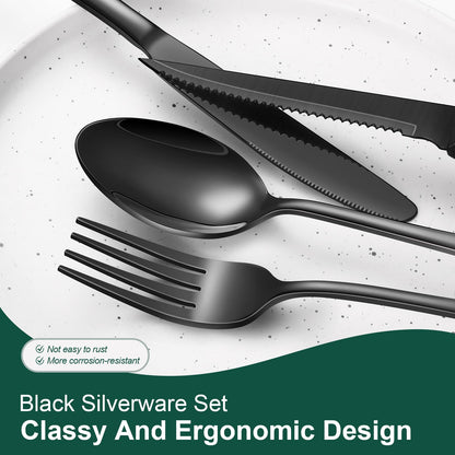 24-Piece Black Silverware Set with Steak Knives Black Stainless Steel Flatware Set for 4 Food Grade Tableware Cutlery Set Rust-proof, Mirror Polished, Dishwasher Safe