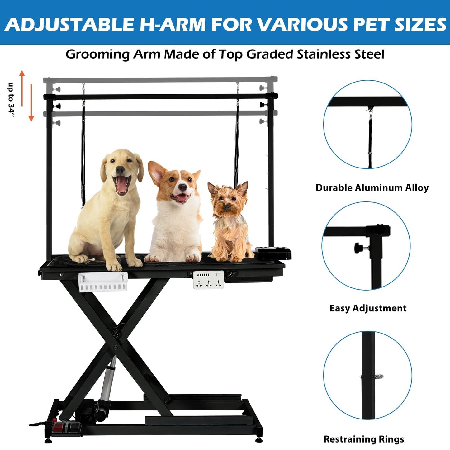 50 Inch Dog Grooming Table, Electric Hydraulic Pet Grooming Table, Dog Grooming Station with Aluminium Overhead Arm, Anti Slip Tabletop, 6 USB Ports, Height Adjustable, 300 LBS Capacity, Black