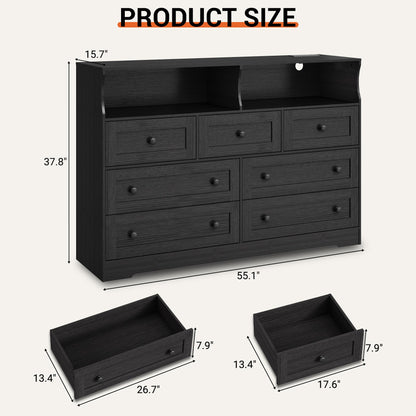 IDEALHOUSE Dresser for Bedroom with 7 Drawers, LED Lights & Charging Station, Wooden Chest with 2 Open Compartments, Freestanding Storage Organizer for Closet, Nursery, Entryway, Black