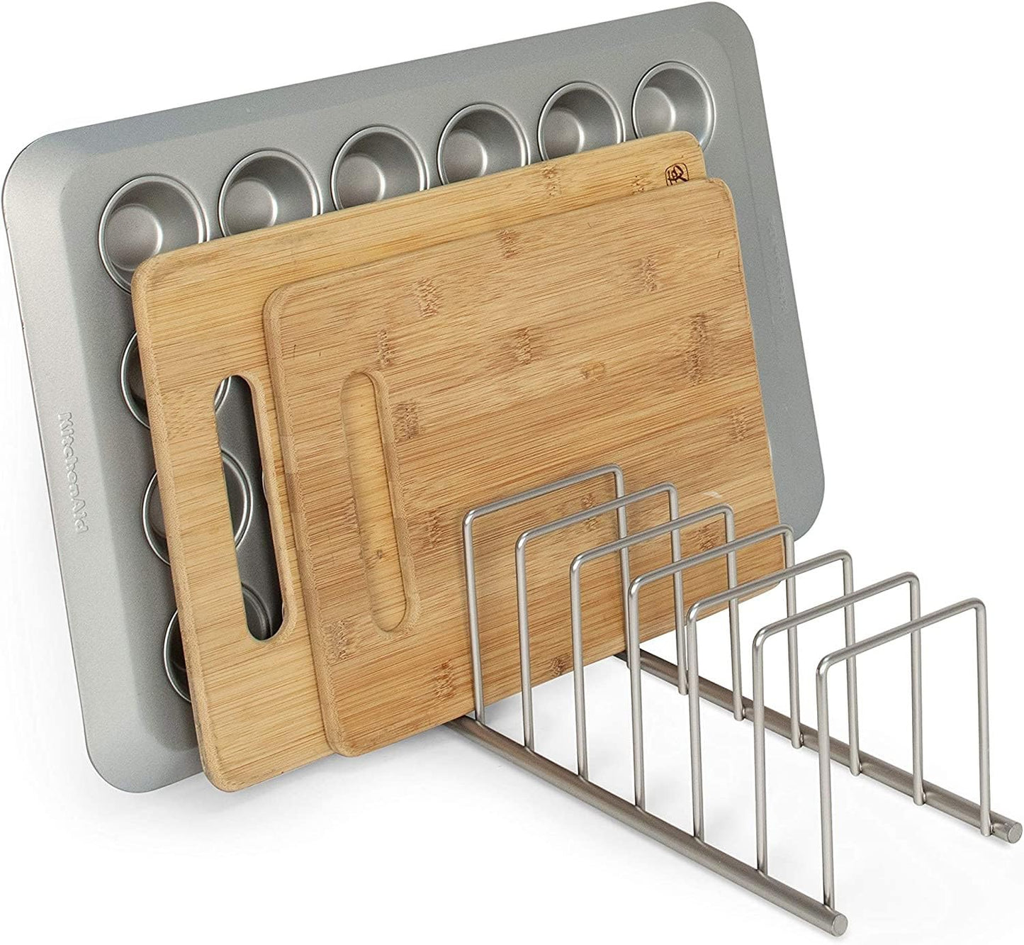 Spectrum Euro Kitchen Organizer Metal Dish Rack Cutting Board Holder Stand for Countertop or Inside Cabinet Organization, 8 Slot Cutting Board Plate Drying Rack for Bakeware Storage, Satin Nickel
