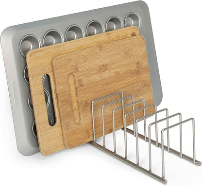 Spectrum Euro Kitchen Organizer Metal Dish Rack Cutting Board Holder Stand for Countertop or Inside Cabinet Organization, 8 Slot Cutting Board Plate Drying Rack for Bakeware Storage, Satin Nickel