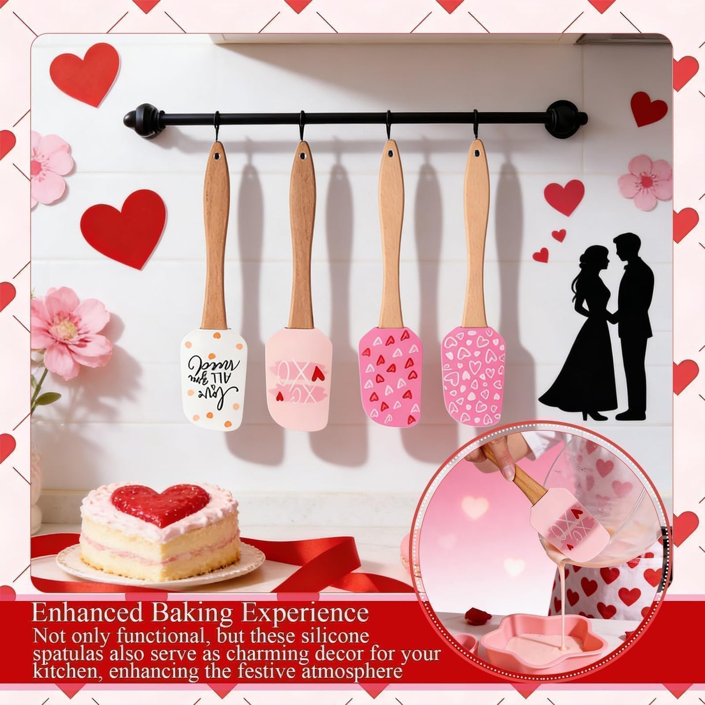 4PCS Valentine Baking Spatula Set,Non-Stick Cake Scraper Cream Spatulas,Valentine Patter Silicone Scraper Heat Resistant Holiday Pastry Spatulas Baking Essentials for Cooking,Sauteing and Mixing