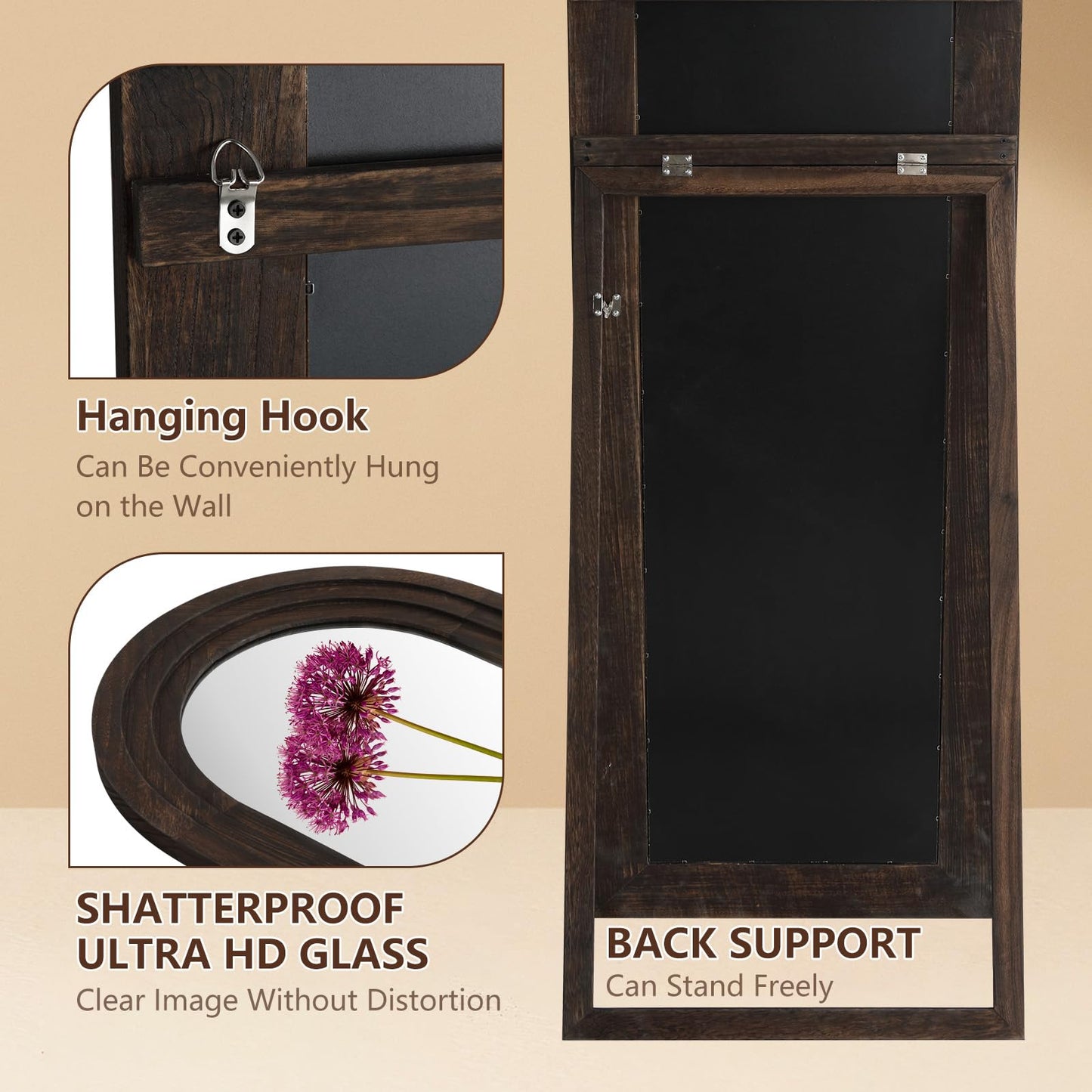 Rustic Standing Full Length Mirror Wood Frame, 71"X32" Large Arched Floor Mirror with Stand, Farmhouse Wood Mirror Full Length for Bedroom Living Room Entryway, Leaning or Wall Mounted, Brown